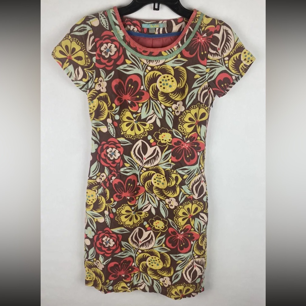Boden Womens Dress 2 Brown Yellow Green Floral A Line Short Sleeve Corduroy